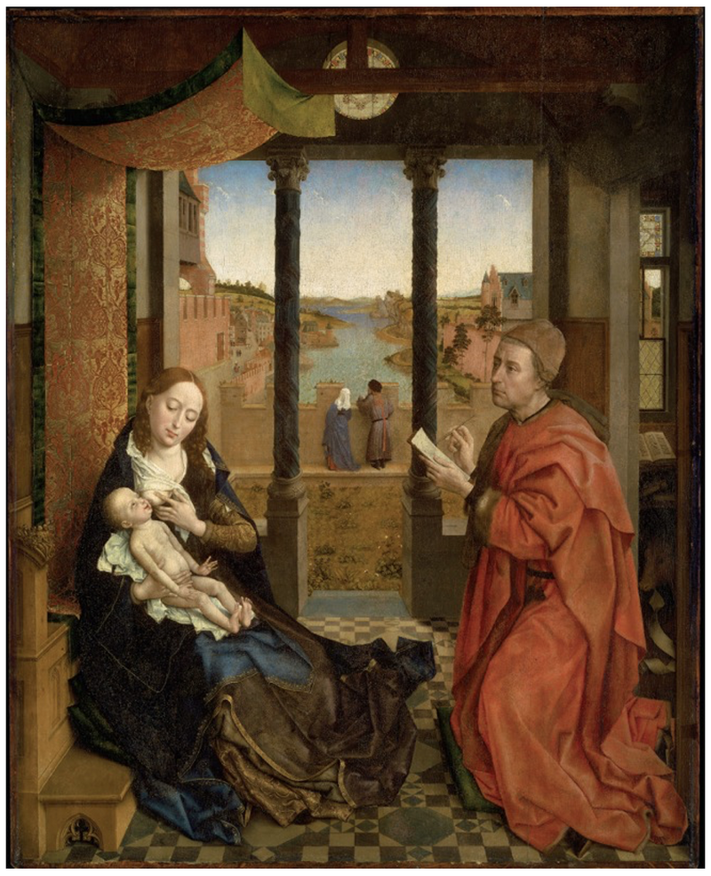 Example artwork: Saint Luke sits and draws the Virgin Mary nursing the Christ Child, in a calm interior lit by soft daylight.